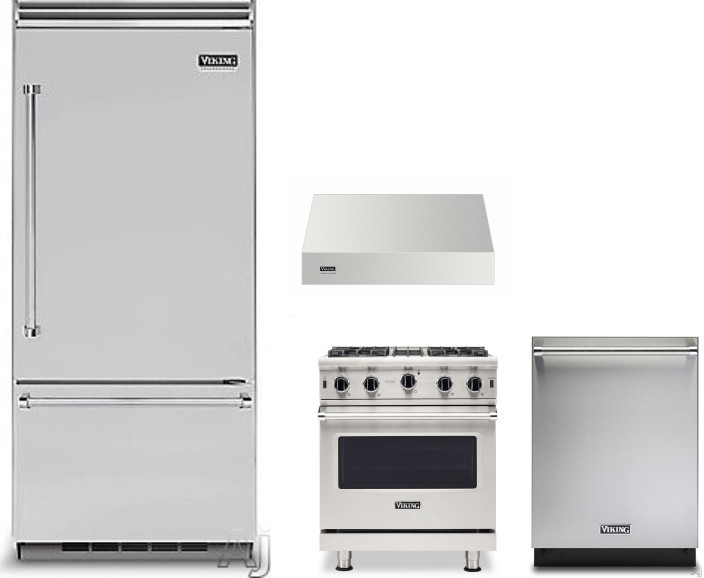 Viking 5 4 Piece Kitchen Appliances Package with Bottom Freezer Refrigerator, Gas Range and Dishwasher in Stainless Steel VIRERADWRH1429