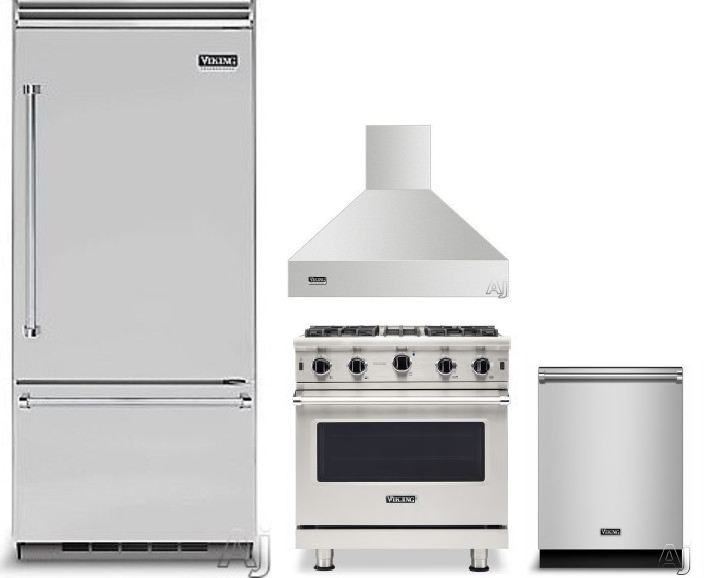 Viking 5 4 Piece Kitchen Appliances Package with Bottom Freezer Refrigerator, Gas Range and Dishwasher in Stainless Steel VIRERADWRH1441
