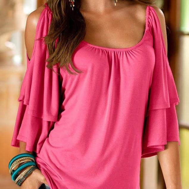 Women&#39;s Cold Shoulder Ruffle Top - Assorted Sizes / Pink / XL