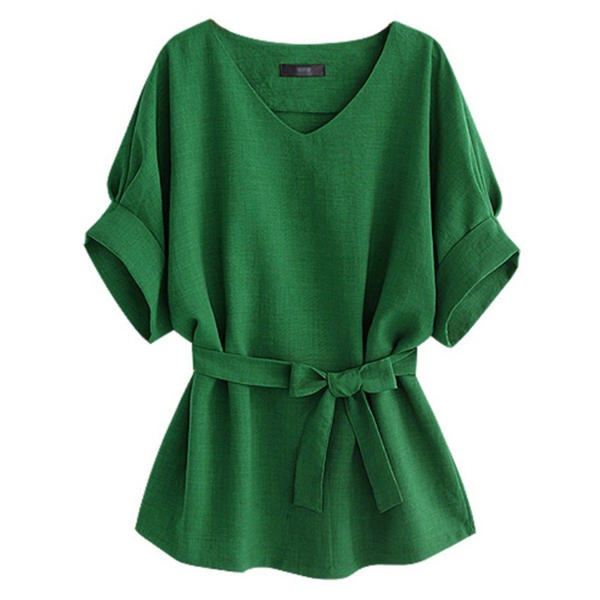 Women&#39;s Linen-Blend Loose-Cut Casual Short Sleeve Top with Belt / Green / Small