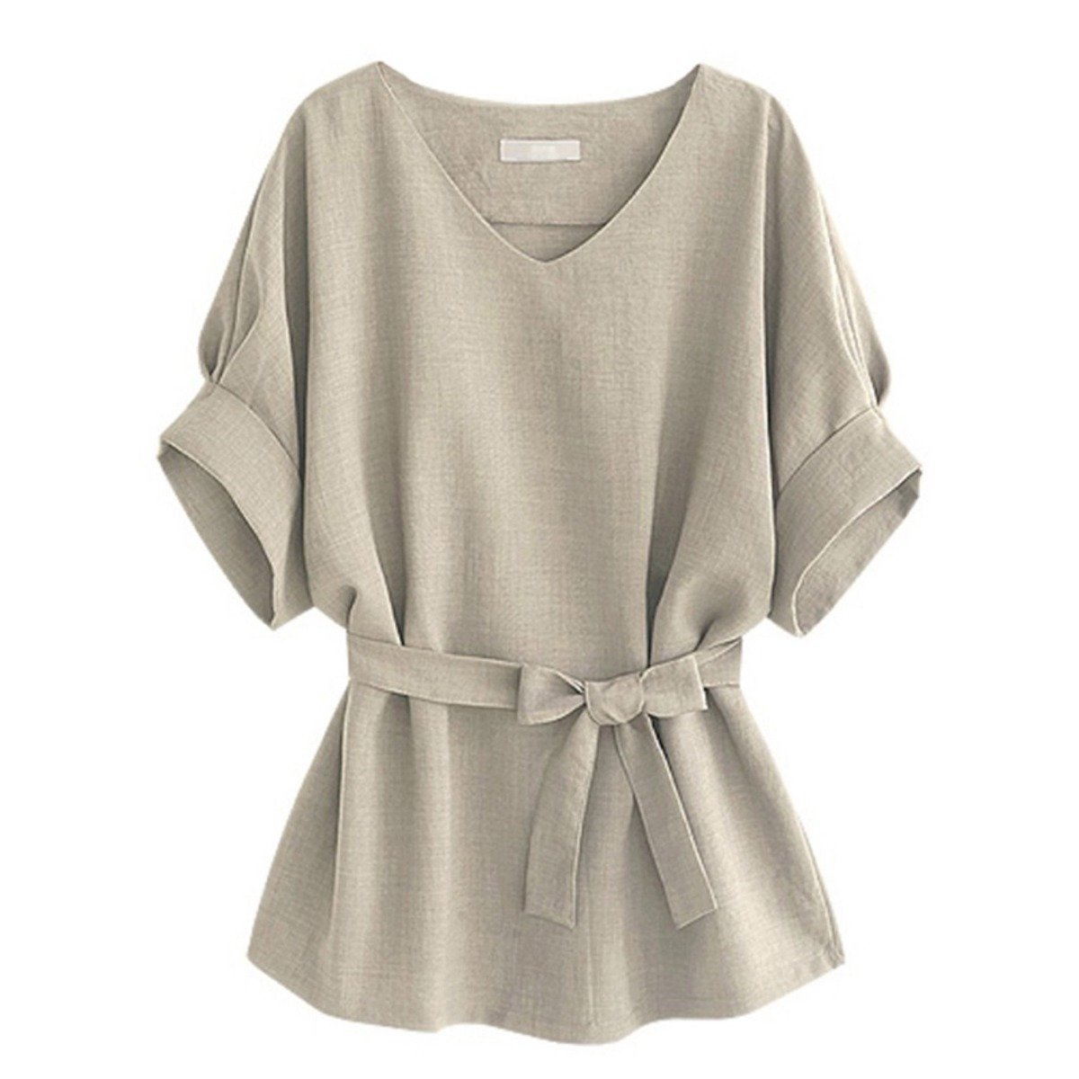 Women&#39;s Linen-Blend Loose-Cut Casual Short Sleeve Top with Belt / Beige / Medium