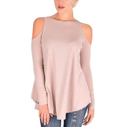 Women&#39;s Ribbed Cold-Shoulder Long-Sleeve Top - Assorted Sizes / Mauve / Medium