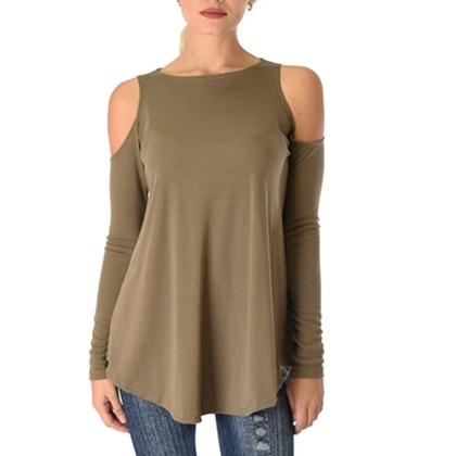 Women&#39;s Ribbed Cold-Shoulder Long-Sleeve Top - Assorted Sizes / Olive / Large