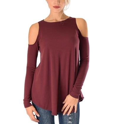 Women&#39;s Ribbed Cold-Shoulder Long-Sleeve Top - Assorted Sizes / Burgundy / XL