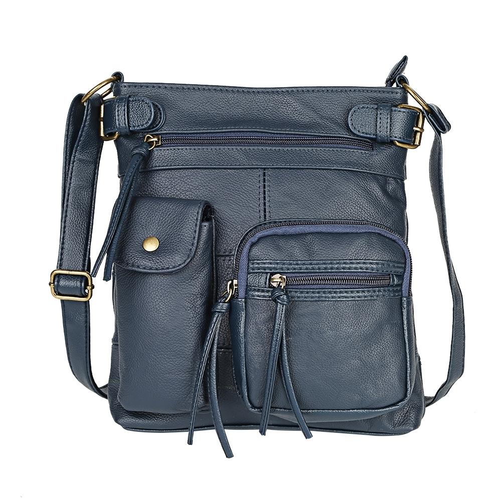 Super Soft Genuine Leather Top Belt Accent Crossbody Bag / Navy Blue