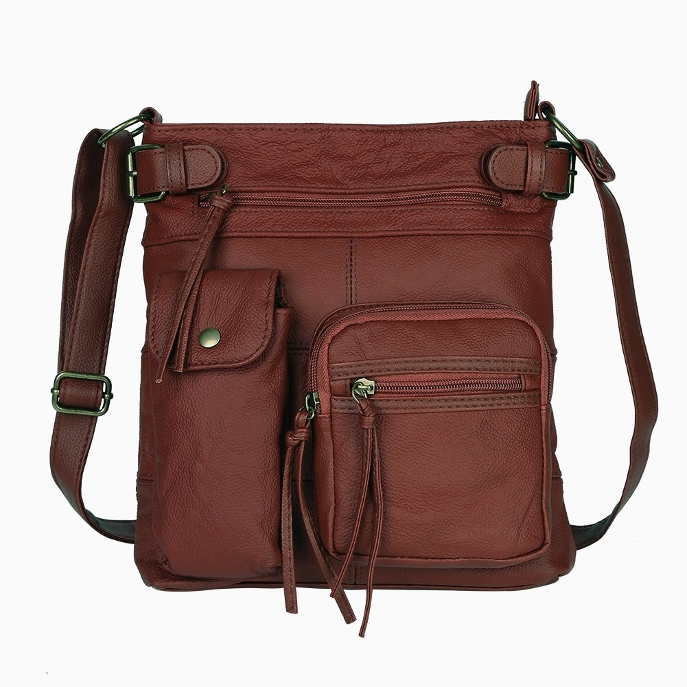 Super Soft Genuine Leather Top Belt Accent Crossbody Bag / Coffee