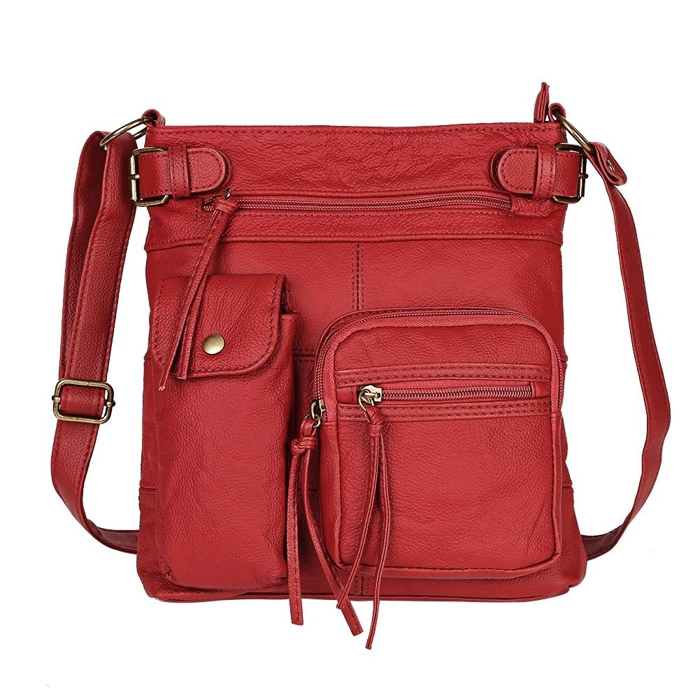 Super Soft Genuine Leather Top Belt Accent Crossbody Bag / Red