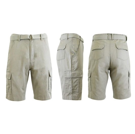 Men&#39;s 100% Cotton Belted Cargo Shorts - Assorted Colors and Sizes / Sand / 34