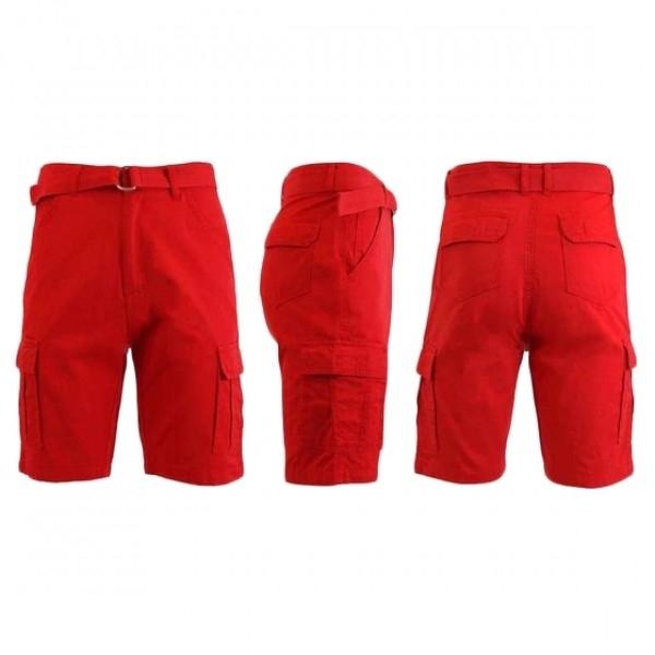 Men&#39;s 100% Cotton Belted Cargo Shorts - Assorted Colors and Sizes / Red / 30