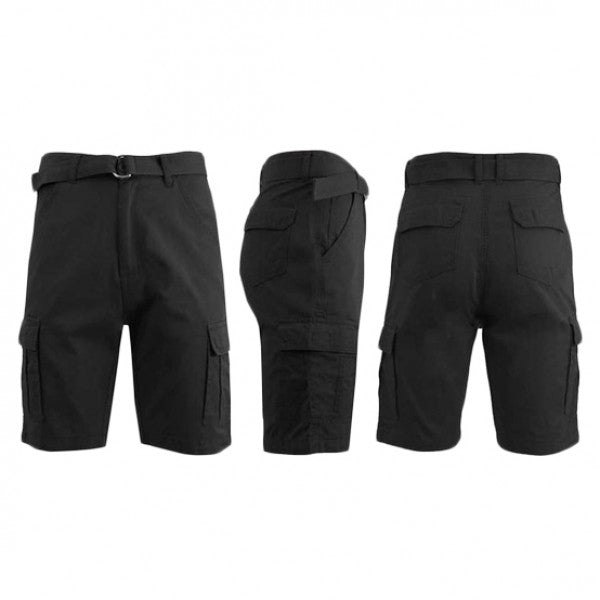Men&#39;s 100% Cotton Belted Cargo Shorts - Assorted Colors and Sizes / Black / 32