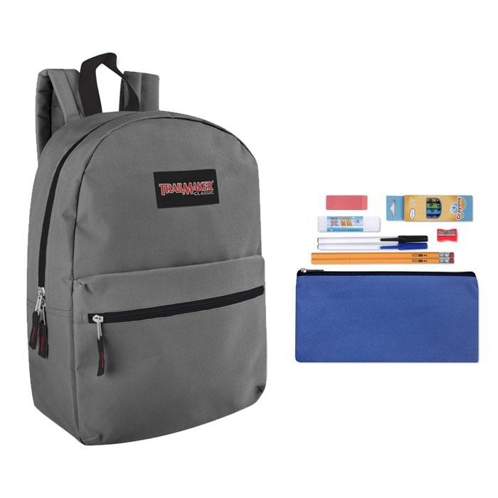 Trailmaker Classic 17 Inch Backpack + 12 Piece School Supply Kit / Gray