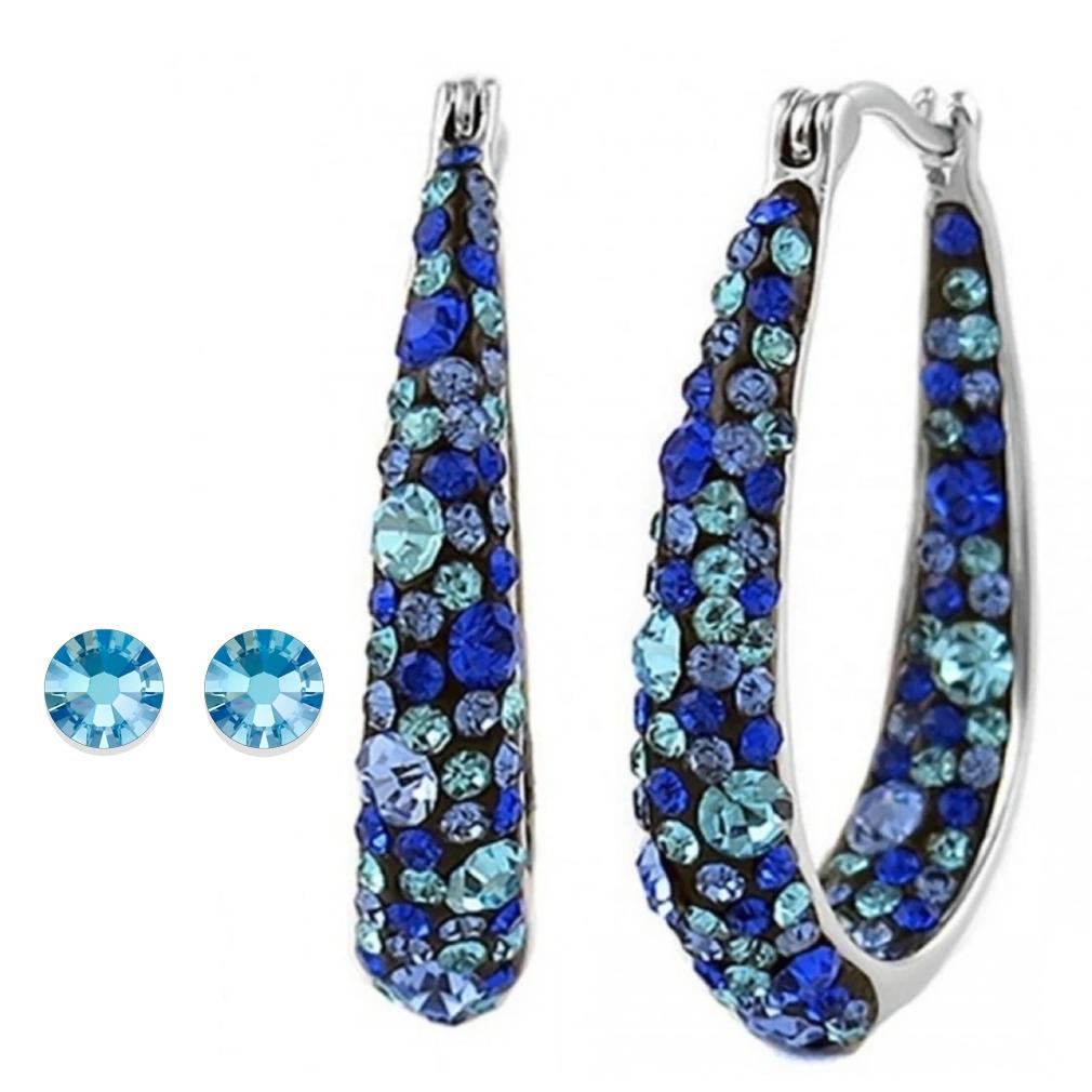 Blue Inside Out Hoop Earrings in 18K White Gold-Plating Made with Blue Swarovski Crystal
