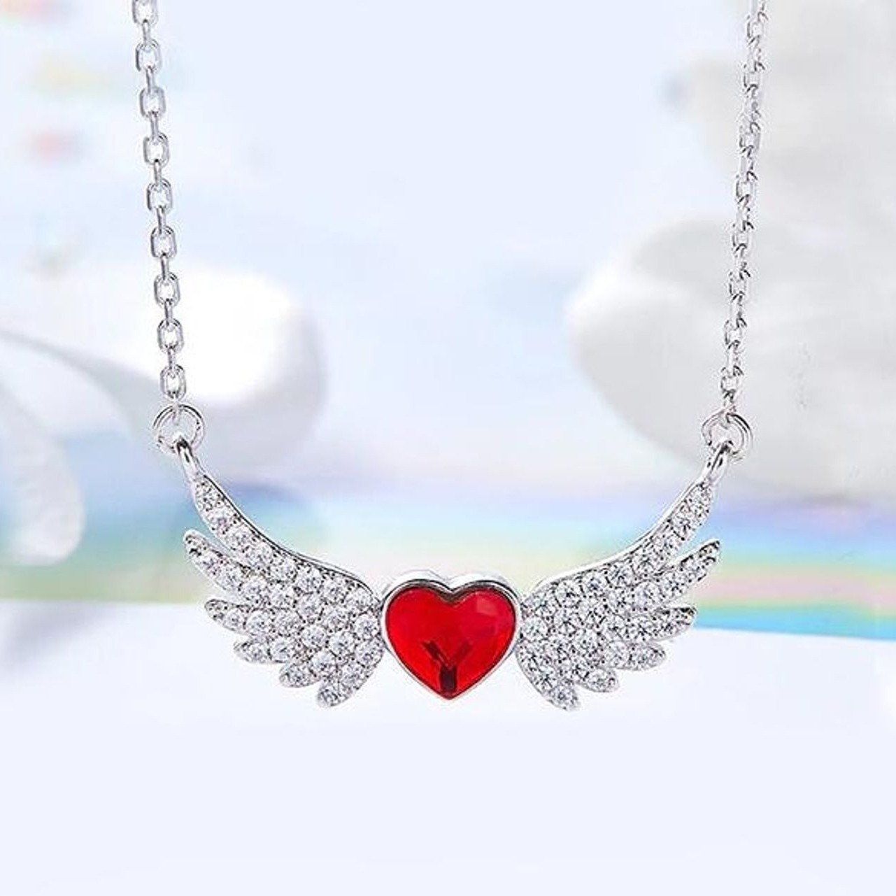 Simulated Ruby Heart Shaped Pav&#39;e Angel Wings Pendant Necklace