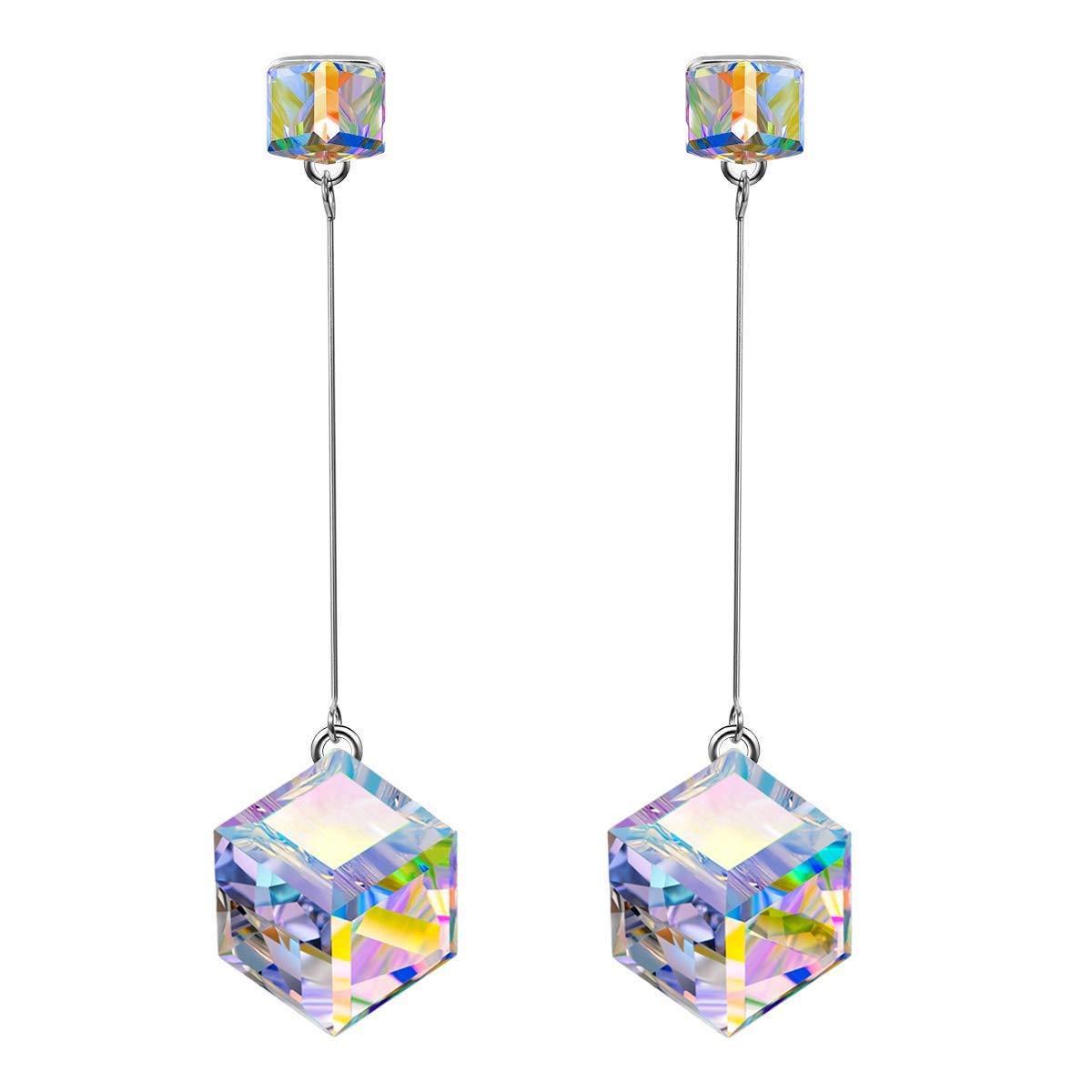 Aurora Borealis 1.7&quot; Cube Drop Earrings Made with Swarovski Crystals