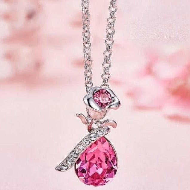 Aquamarine Waterdrop with Pink Topaz Rose Necklace