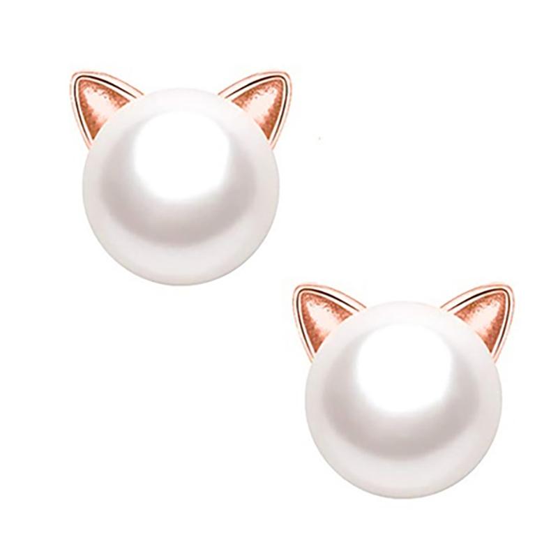 Fresh Water Pearl Freshwater Pearl Kitty Cat Stud Earrings / Rose Gold