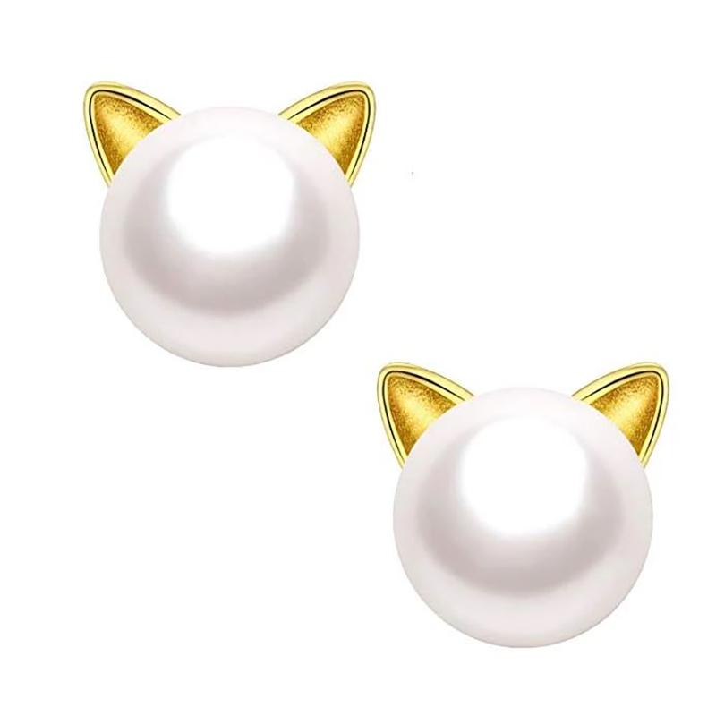 Fresh Water Pearl Freshwater Pearl Kitty Cat Stud Earrings / Gold