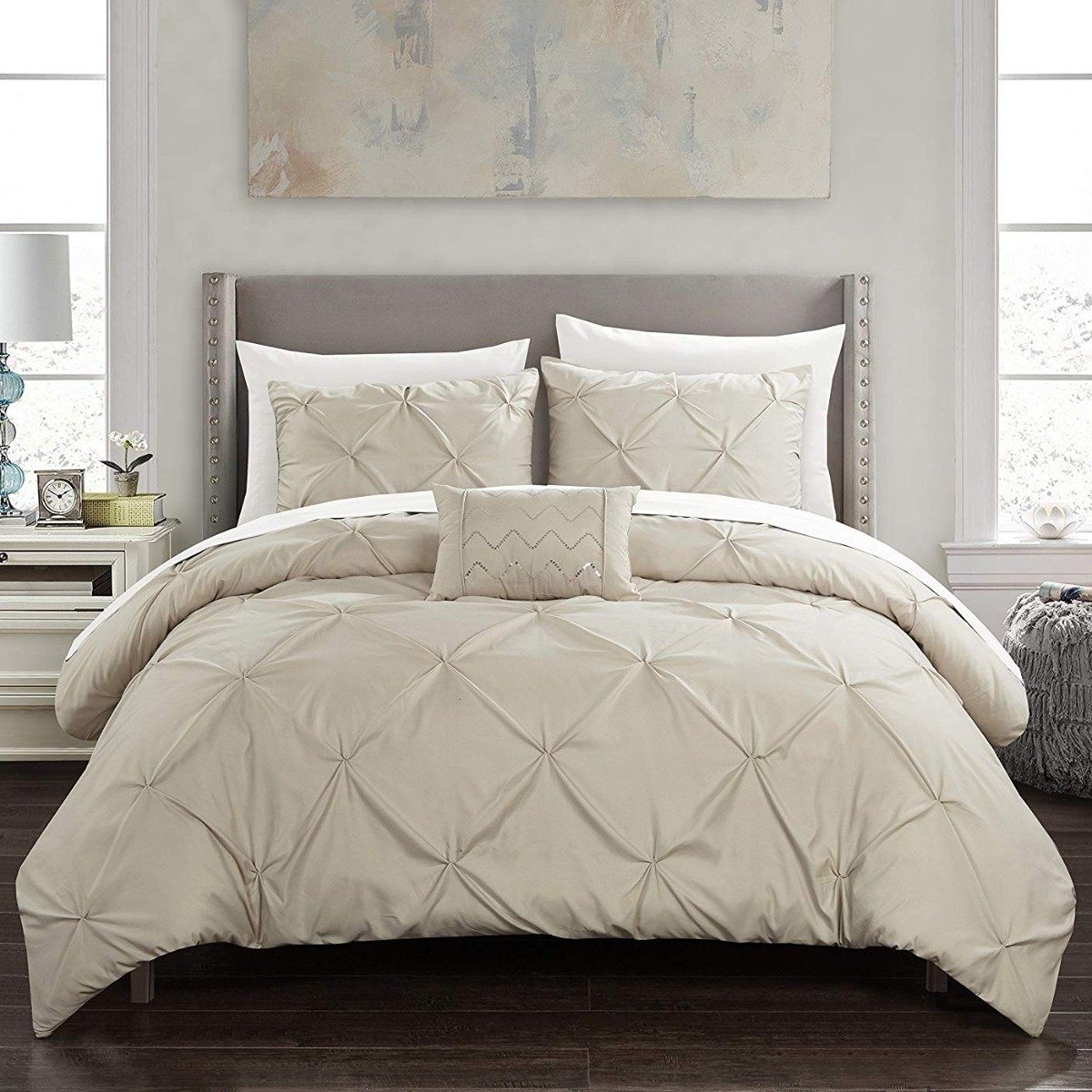 Armi Pinch-Pleated Microfiber Duvet Cover Set / Taupe / King