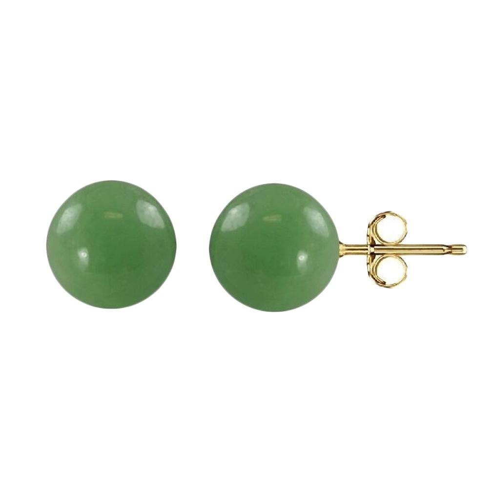 Genuine Jade Gemstone Ball Stud Earrings in 14K Gold