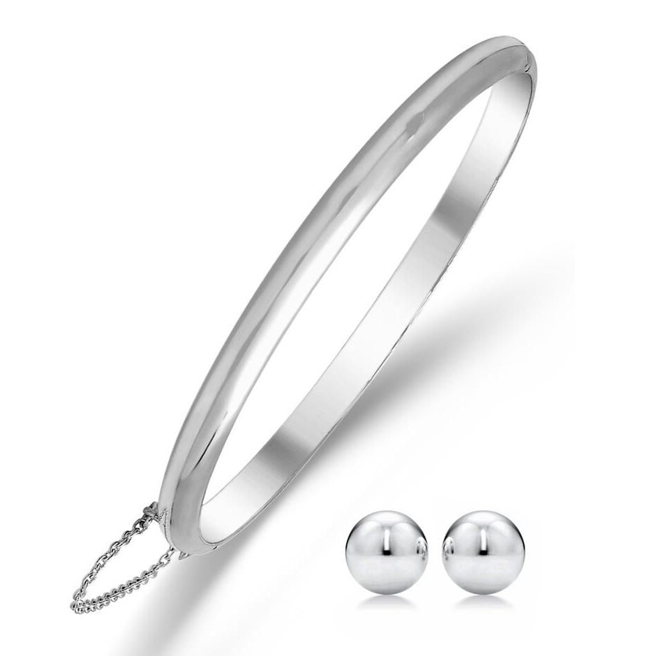 Sterling Silver Bangle Bracelet with Ball Stud Earring Set