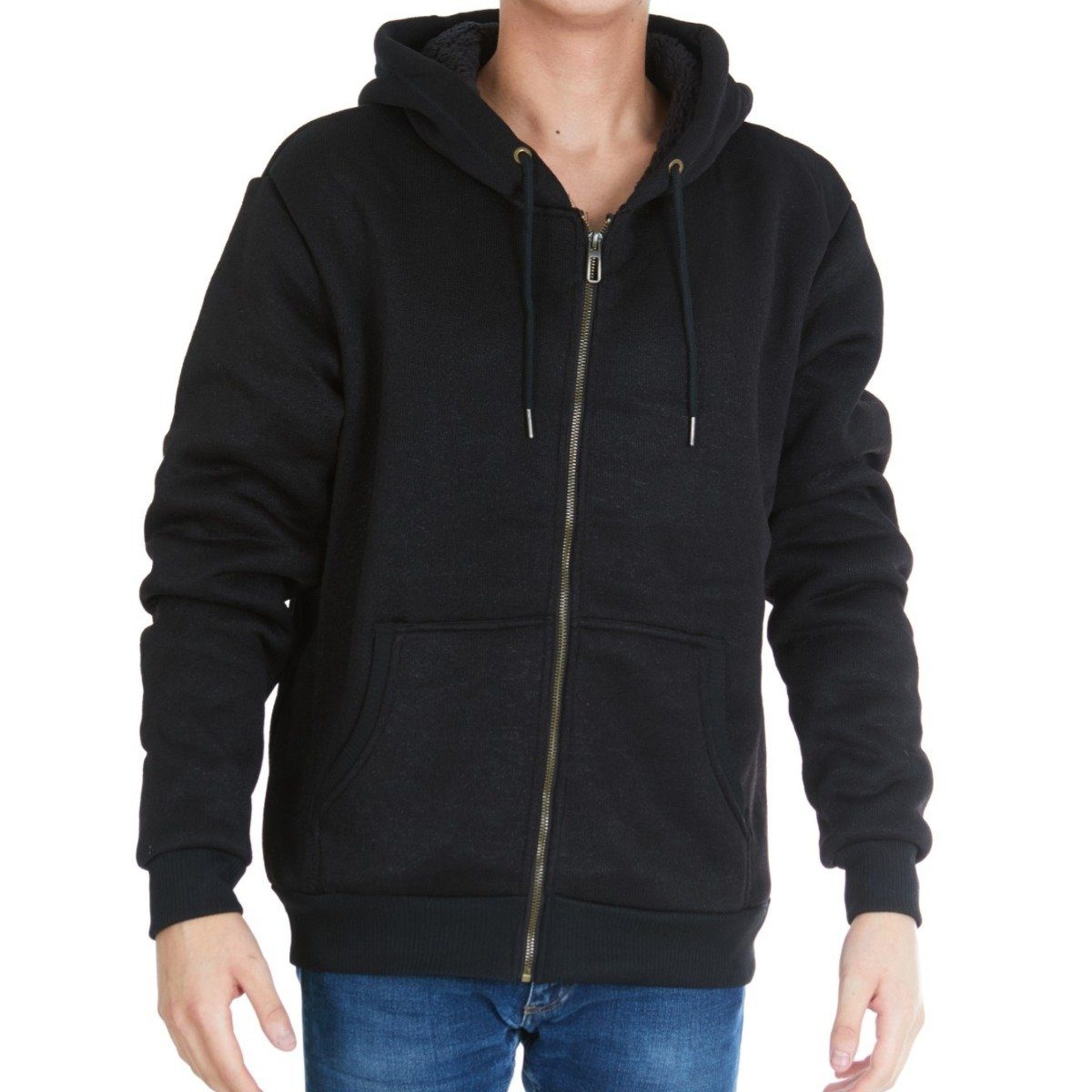 Men&#39;s Thick Sherpa Lined Full Zip Hoodie Jackets / Black / Large