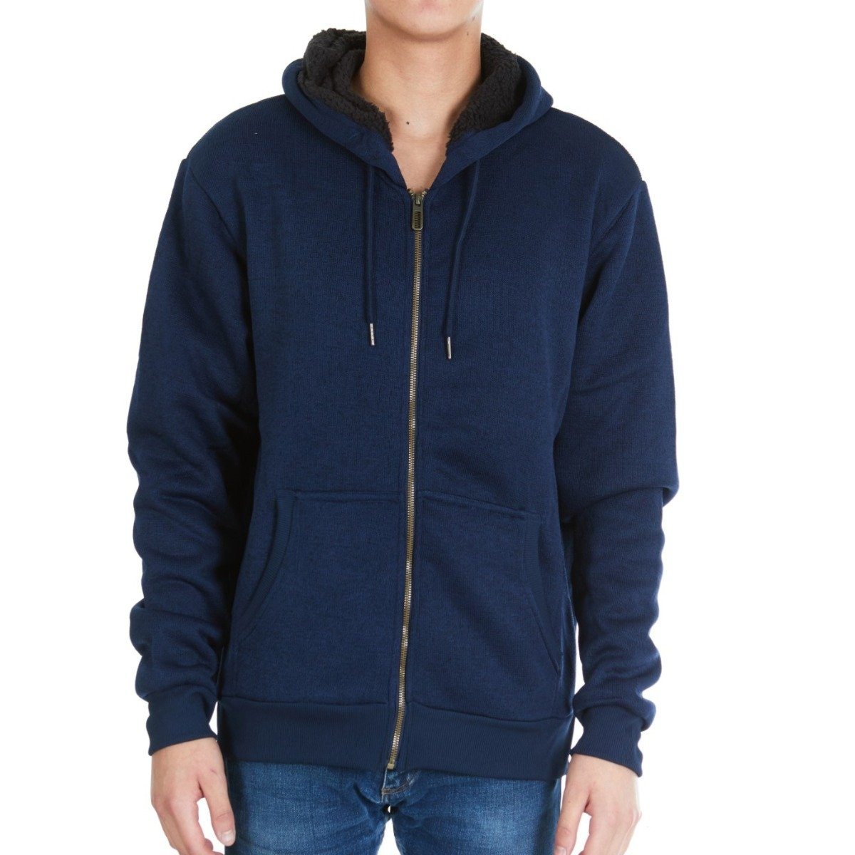 Men&#39;s Thick Sherpa Lined Full Zip Hoodie Jackets / Navy Blue / Large