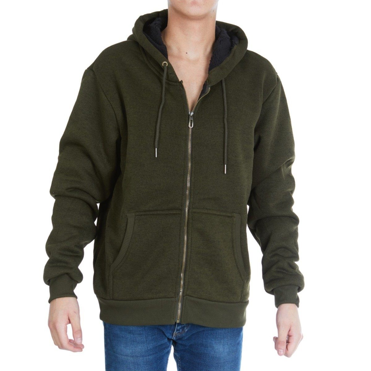 Men&#39;s Thick Sherpa Lined Full Zip Hoodie Jackets / Olive / Medium