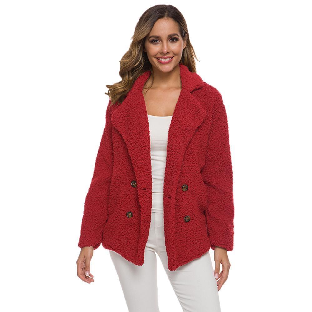 Women&#39;s Soft Comfy Plush Pea Coat - Assorted Colors / Red / 2XL