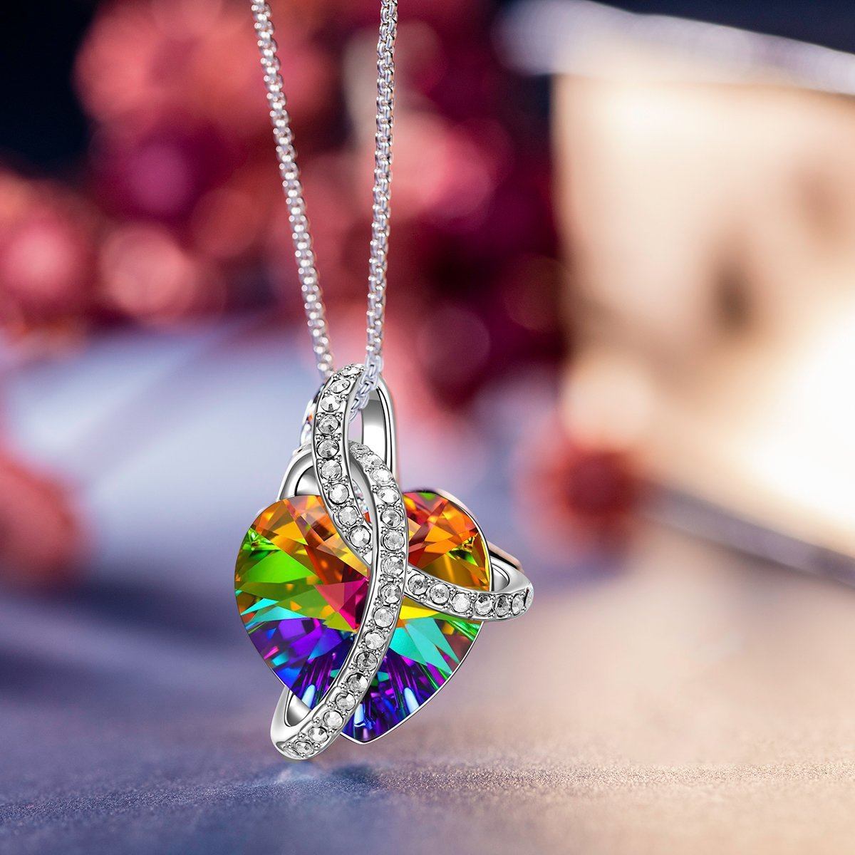 Rainbow Aurora Borealis Swarovski Elements Heart Necklace