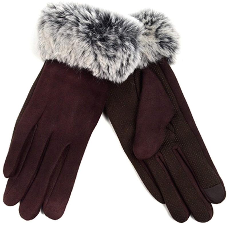 Women&#39;s Faux-Fur Cuff Touch-Screen Gloves with Non-Slip Grip / Brown