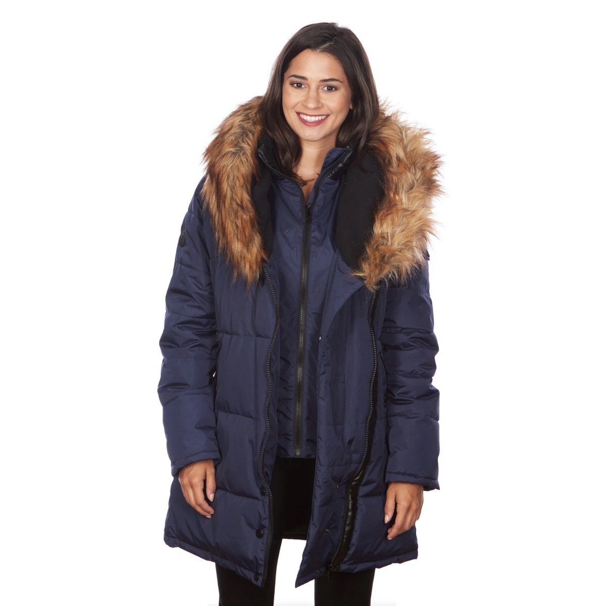 Celsius Women&#39;s Faux Fur Hooded Biker Style Puffy Coat / Navy Blue / Large