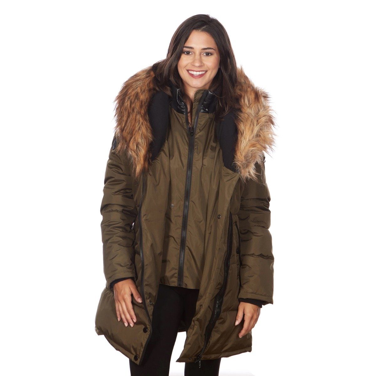 Celsius Women&#39;s Faux Fur Hooded Biker Style Puffy Coat / Olive / Medium