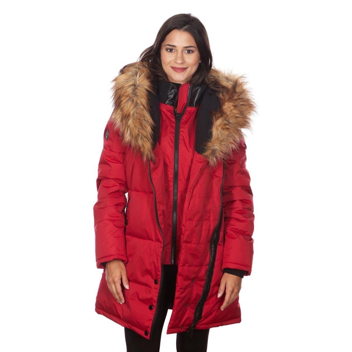 Celsius Women&#39;s Faux Fur Hooded Biker Style Puffy Coat / Red / Medium