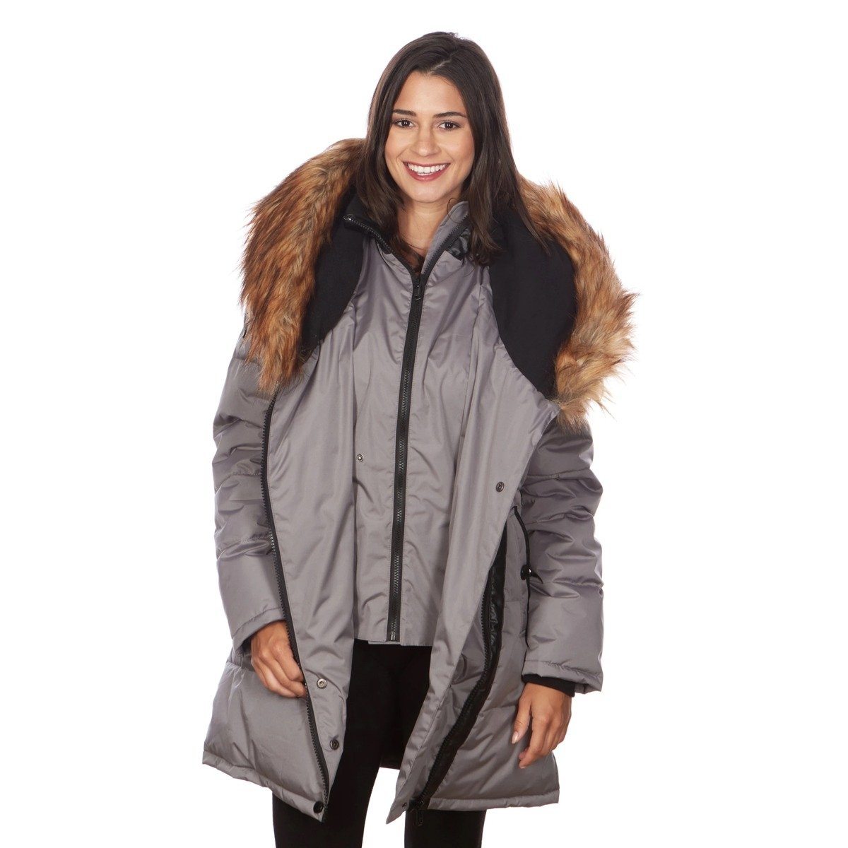 Celsius Women&#39;s Faux Fur Hooded Biker Style Puffy Coat / Gray / Small