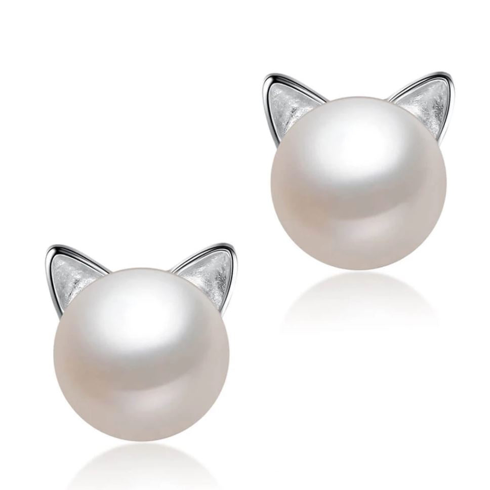 Fresh Water Pearl Freshwater Pearl Kitty Cat Stud Earrings / Silver