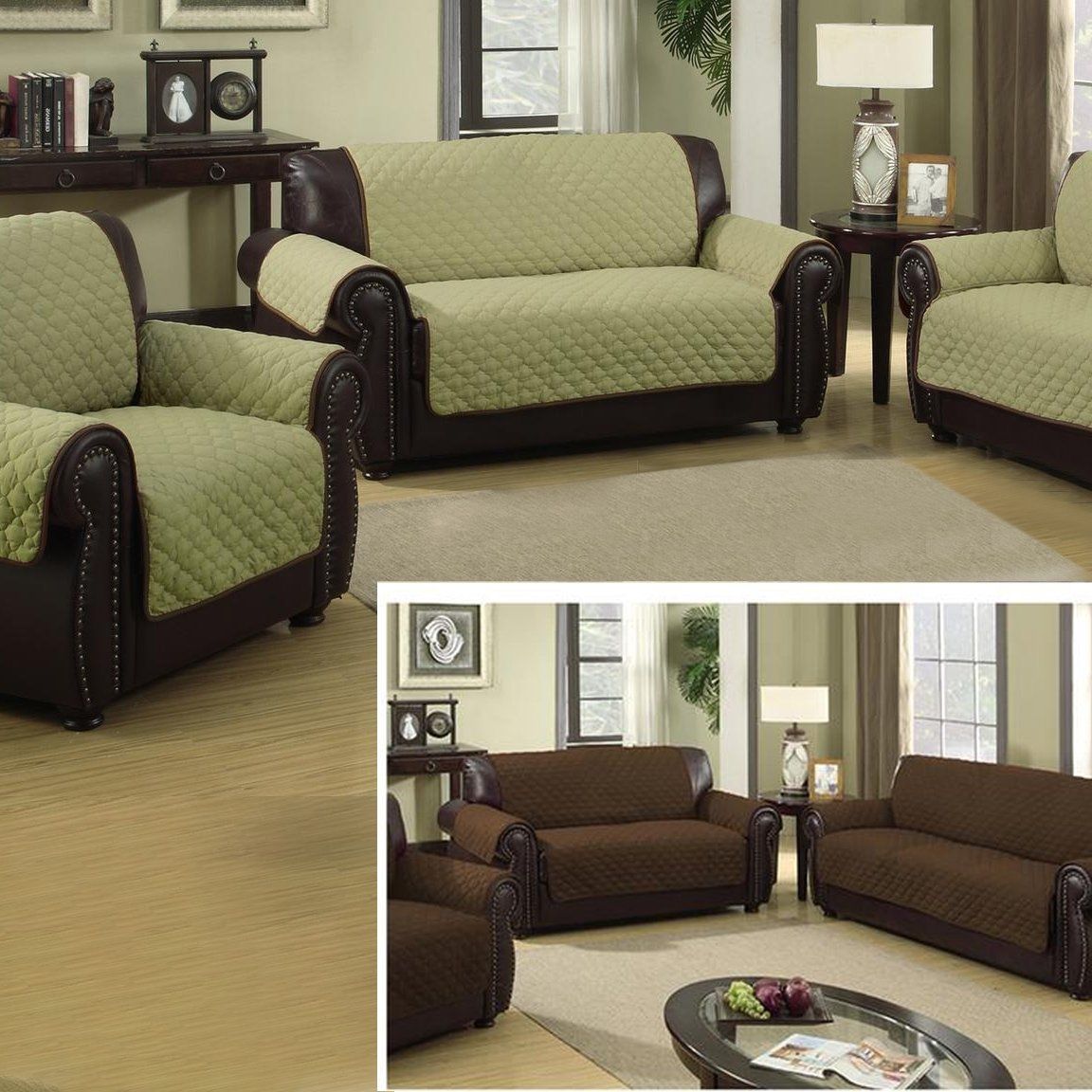 Waterproof Quilted Reversible Furniture Slipcover for Chair, Loveseat, or Sofa / Sage/Chocolate