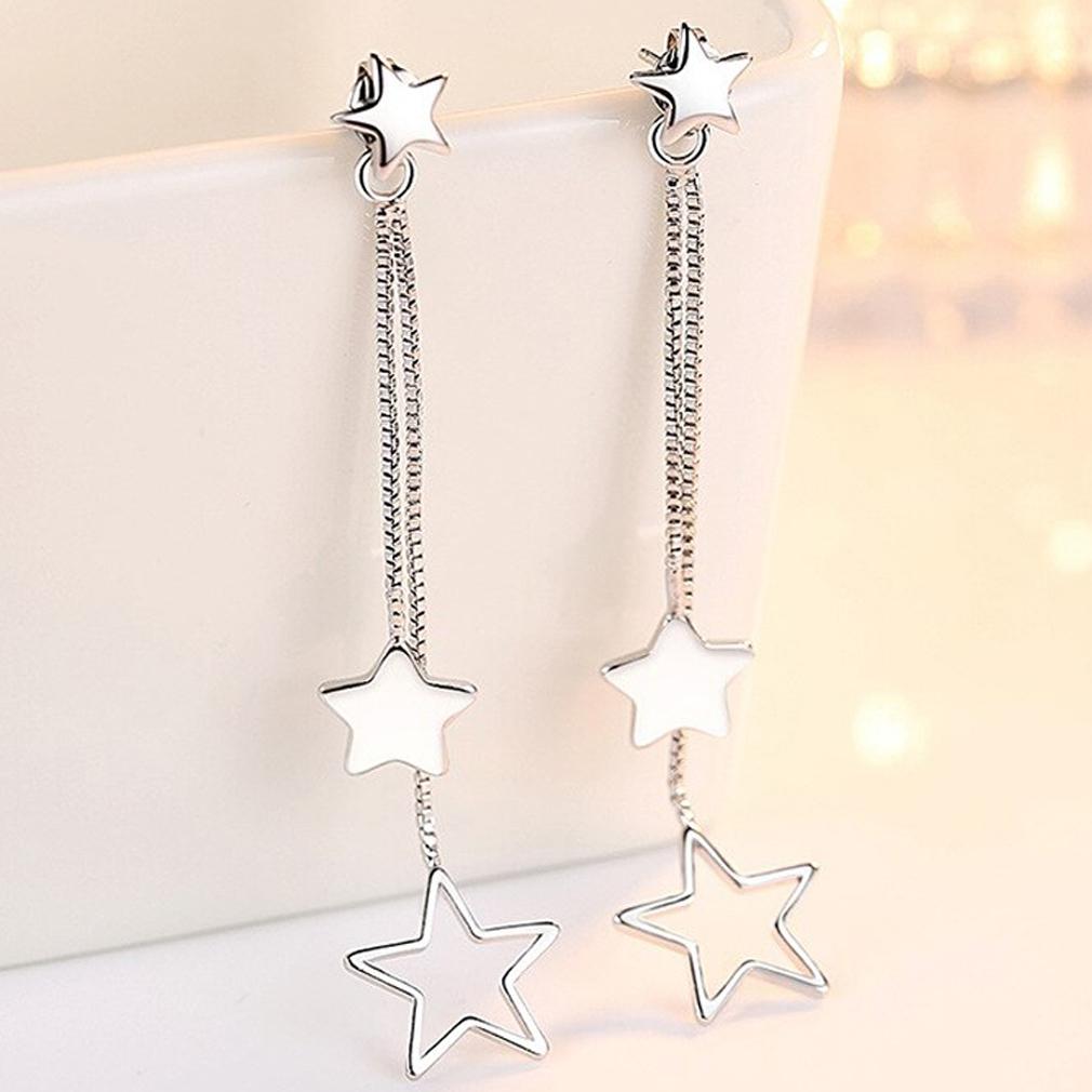 Sterling Silver Long Star Drop Earrings