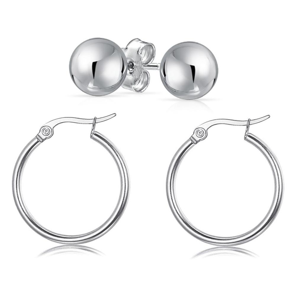 Solid Sterling Silver Hoop Earrings And Ball Set