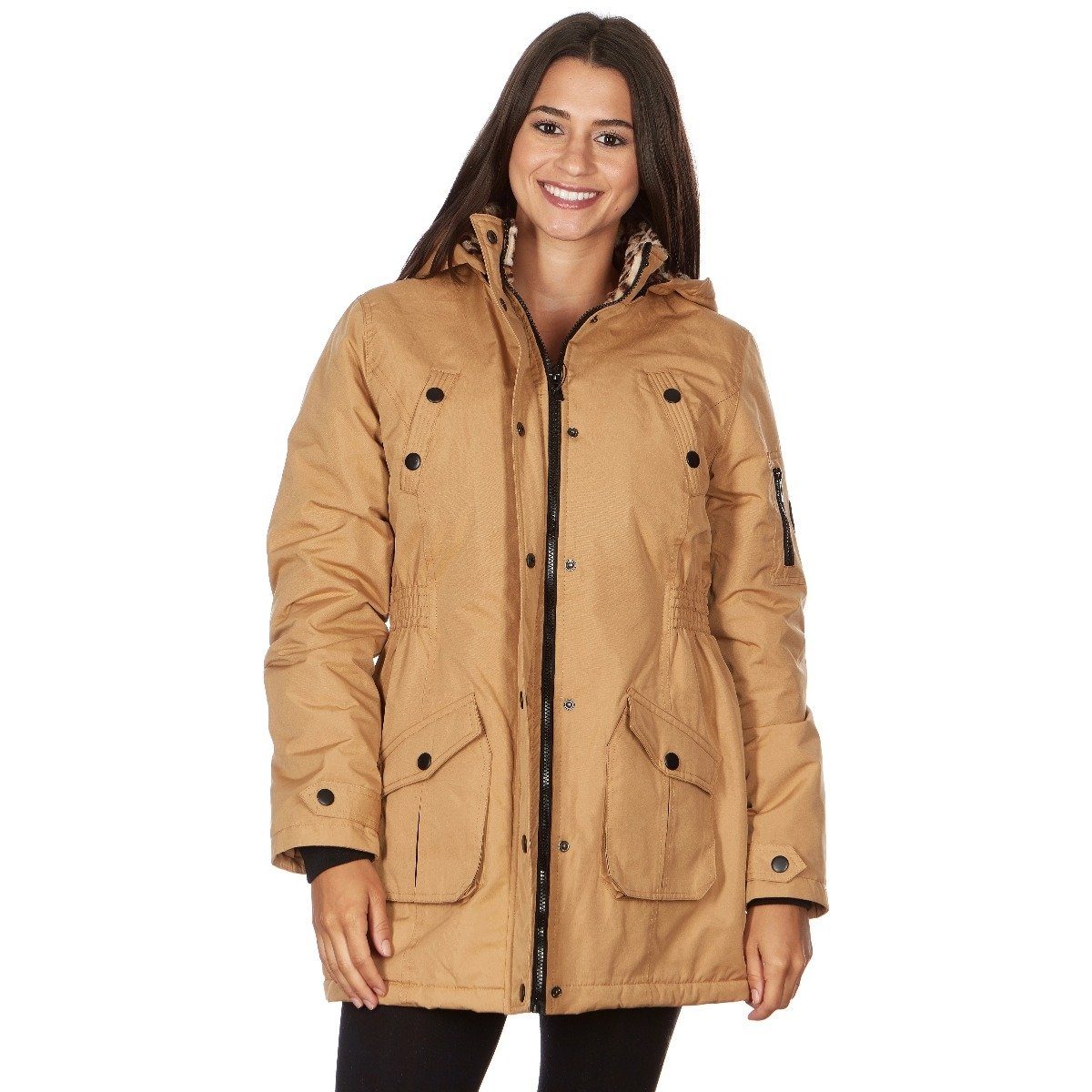 Yoki Women&#39;s Long Heavy Weight Coat with Leopard Sherpa Lining and Hood / Camel / Large