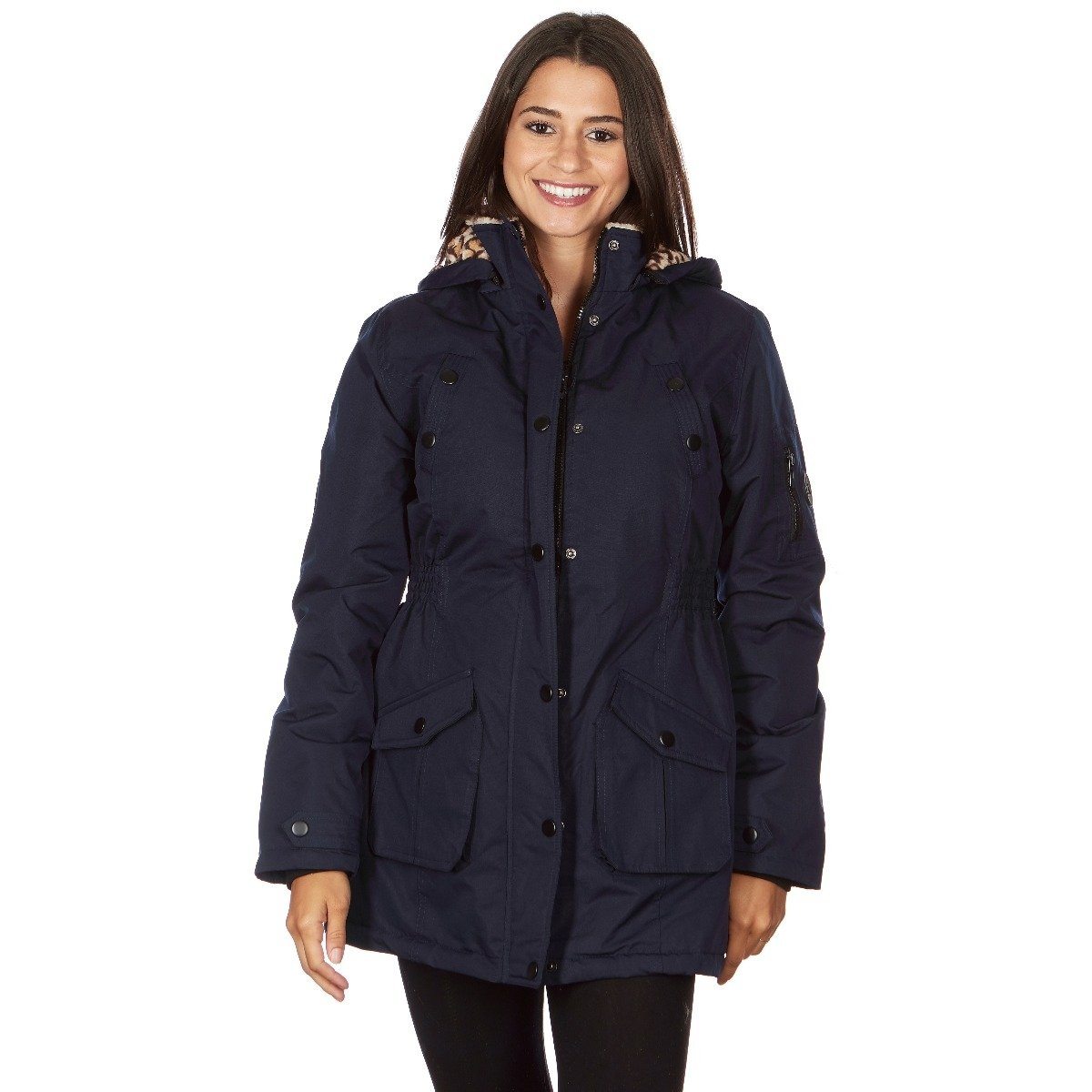 Yoki Women&#39;s Long Heavy Weight Coat with Leopard Sherpa Lining and Hood / Navy Blue / Large