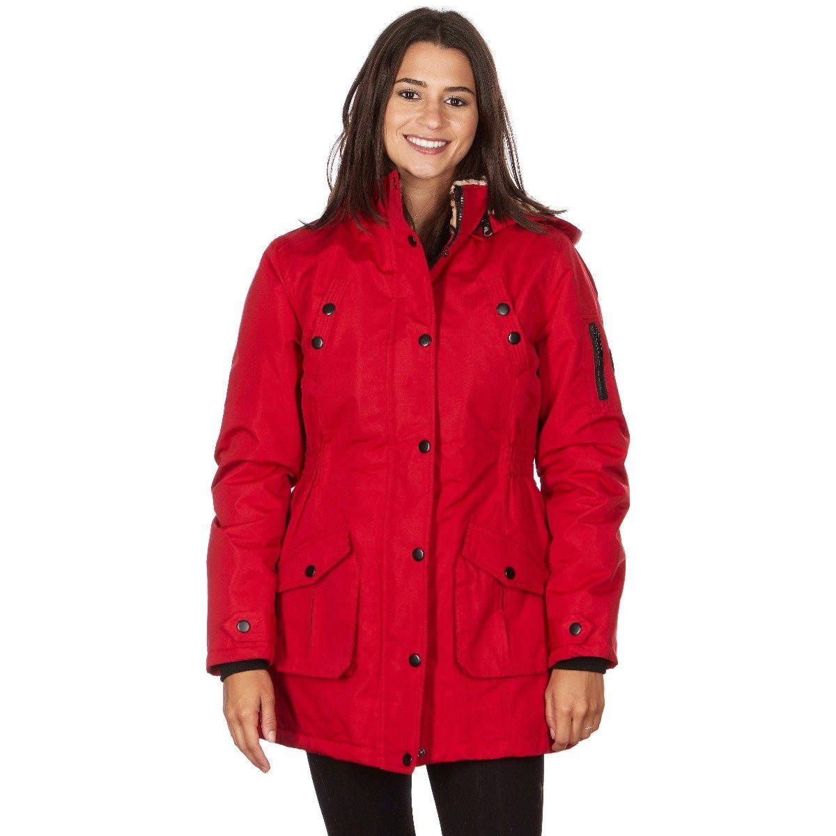 Yoki Women&#39;s Long Heavy Weight Coat with Leopard Sherpa Lining and Hood / Red / Small