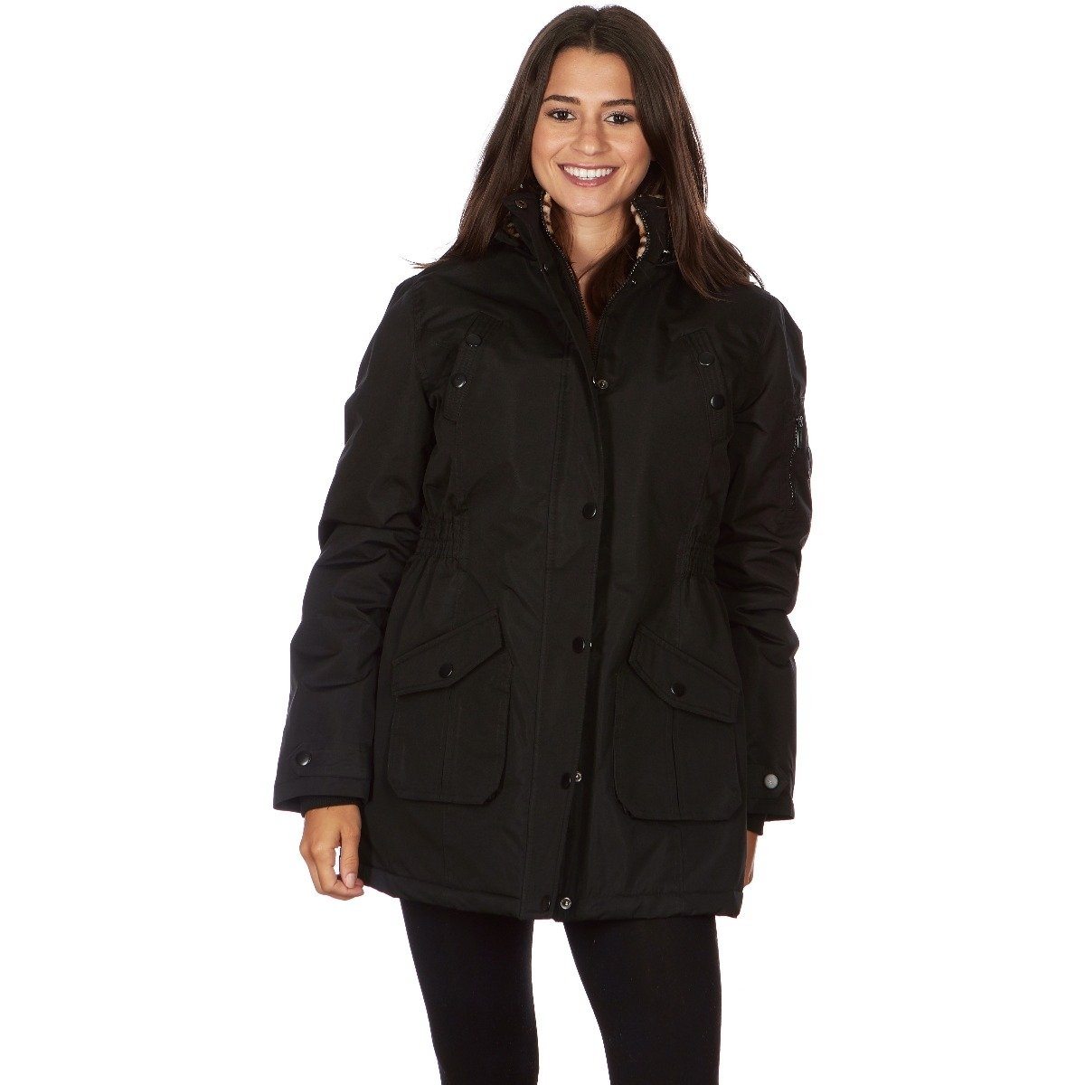 Yoki Women&#39;s Long Heavy Weight Coat with Leopard Sherpa Lining and Hood / Black / Small