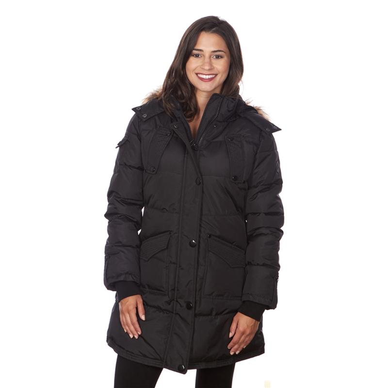 Women&#39;s Puffy Coat with Large Pockets and Faux Fur Hood / Black / Medium