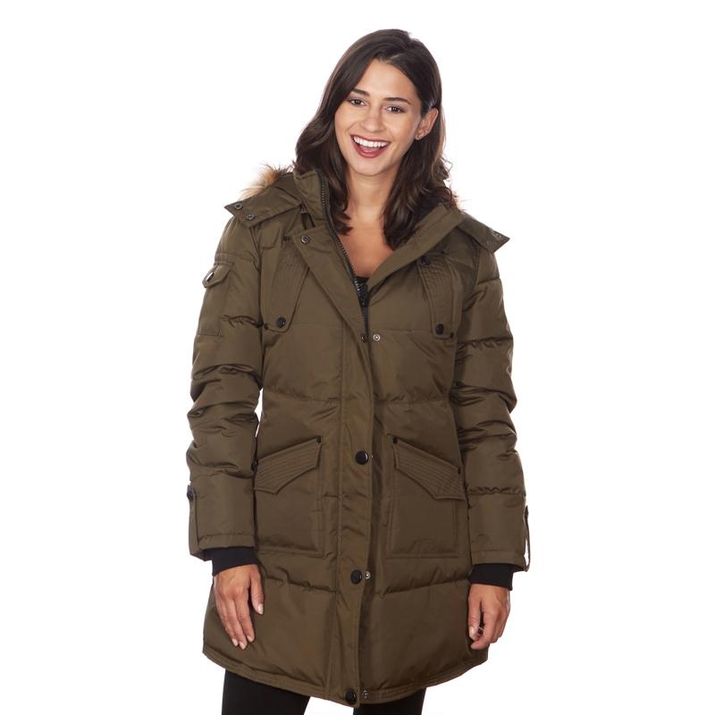 Women&#39;s Puffy Coat with Large Pockets and Faux Fur Hood / Olive