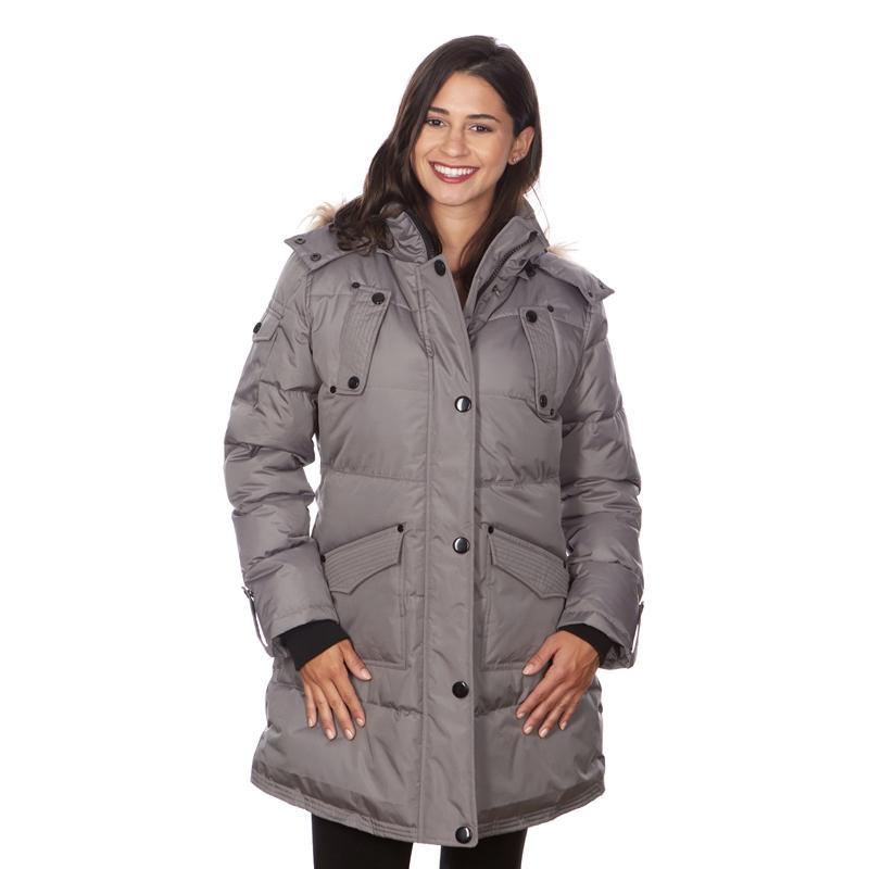 Women&#39;s Puffy Coat with Large Pockets and Faux Fur Hood / Gray / Small