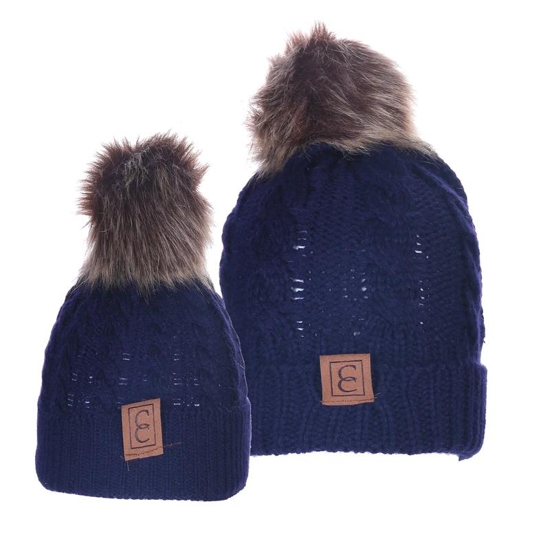 Women&#39;s Chic Mom and Me Pom Beanie Hat / Navy Blue