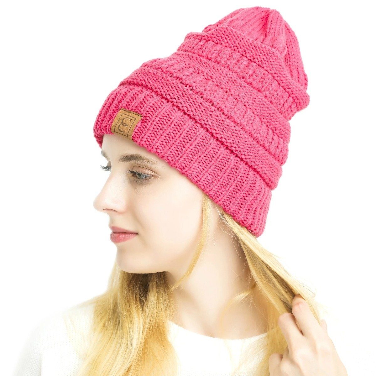 Women&#39;s Popular CC Chic Winter Beanie Hat / Dark Pink