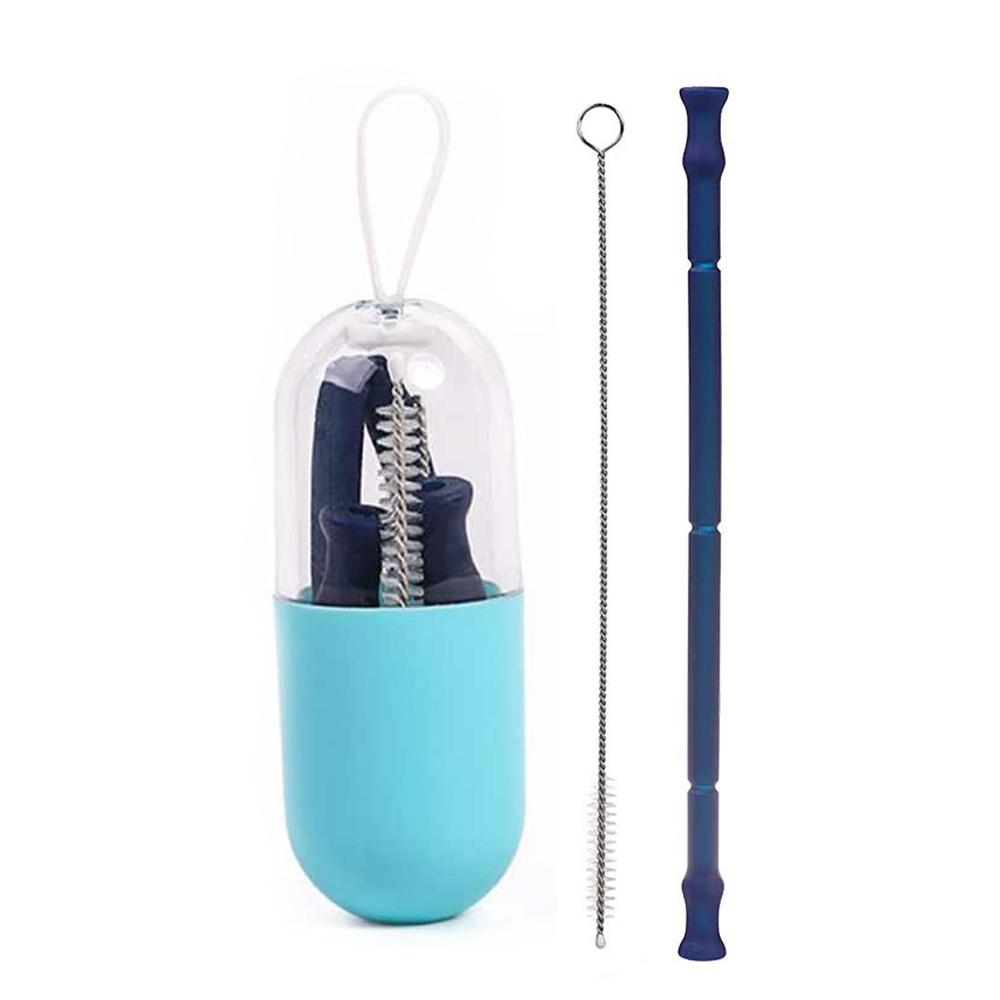 Foldable and Reusable Silicone Drinking Straw with Case / Blue