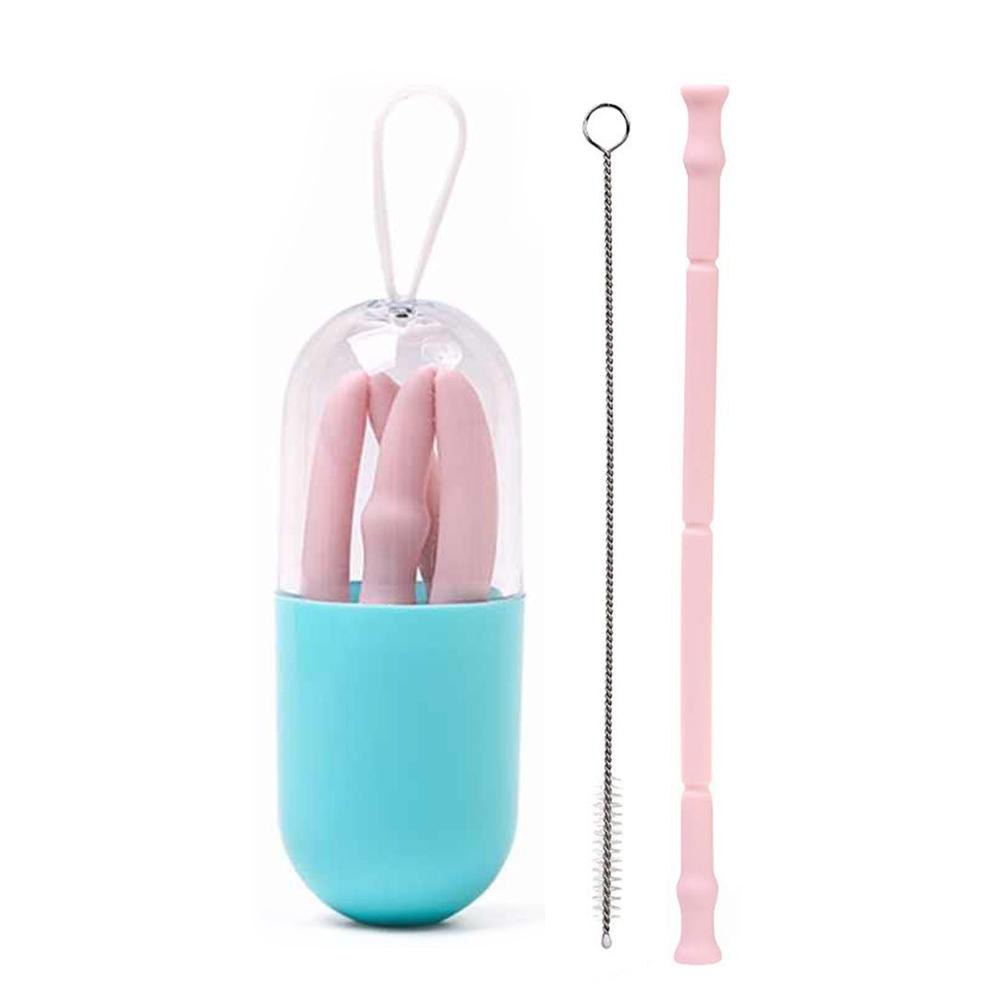 Foldable and Reusable Silicone Drinking Straw with Case / Pink