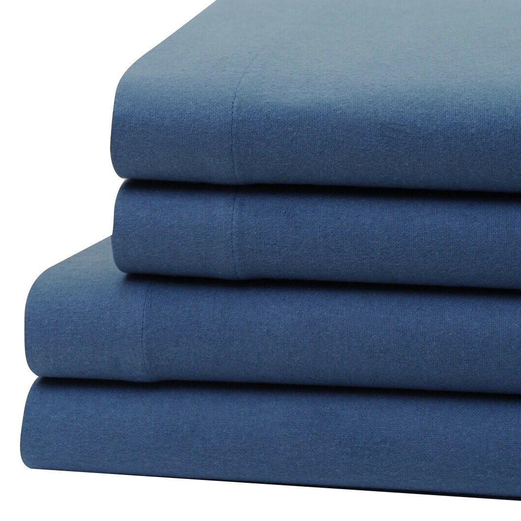Bibb Home 100% Cotton Solid Flannel Deep Pocket Sheet Set / Blue / Queen